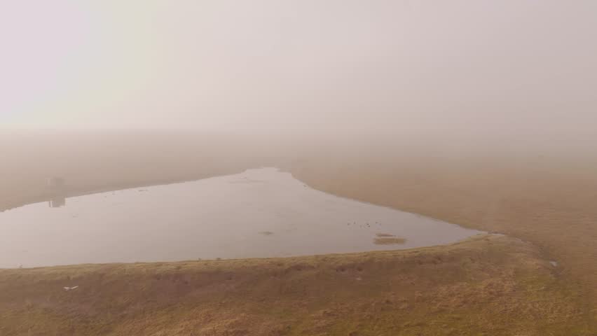 An aerial footage of a small group of ducks taking-off in a flight from a tranquil, reflective body of water on a foggy day