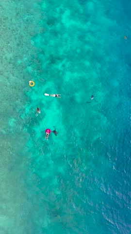 Aerial view of adults swimming and snorkeling with a yellow lifebuoy and pink float in turquoise ocean water, Philippines.