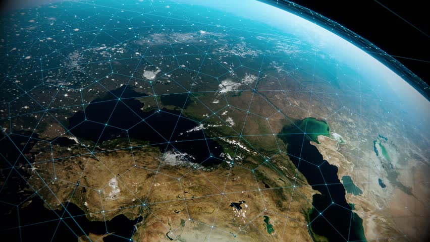 Crypto Exchange Global Connection Lines. Futuristic AI Technology, 5G. Big Data, Digital World Background Animation. Network Data Transfer Over Earth. Satellite Communication, Internet Connectivity