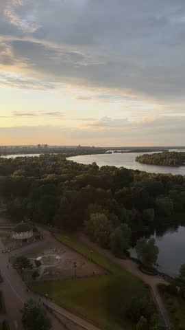 sundown and view from the top on the river Dnipro, Obolon district, Kyiv, Ukraine