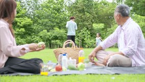 Happy multi generational Asian family enjoying picnic in the park,  Creating joyful outdoor lifestyle moment - Powered by Shutterstock - Get 15% off with code: PIKWIZARD15