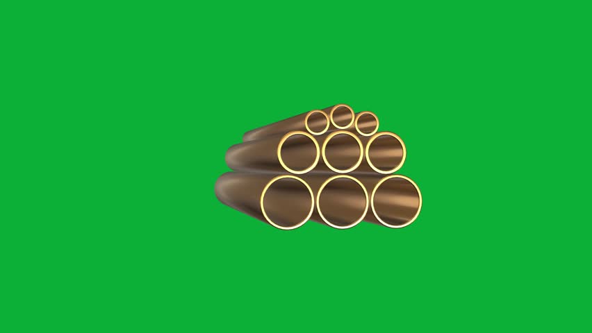 Realistic 3D Copper Pipes Rotating Animation on Green Screen Background, Industrial Plumbing Tubes, Shiny Metallic Pipe Element for Construction, Engineering, Water Supply, Architecture, and Creative