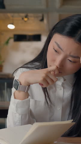 Stressed overworked tired Asian business woman Korean girl worker at office sad burnout boring worried businesswoman upset Chinese female manager thinking problem solution thoughtful Japanese lady job