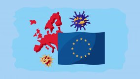 Illustration of virus particles floating around the Europe map with EU flag elements. Ideal for healthcare, pandemic awareness, medical research, and global health crisis design projects. - Powered by Shutterstock - Get 15% off with code: PIKWIZARD15