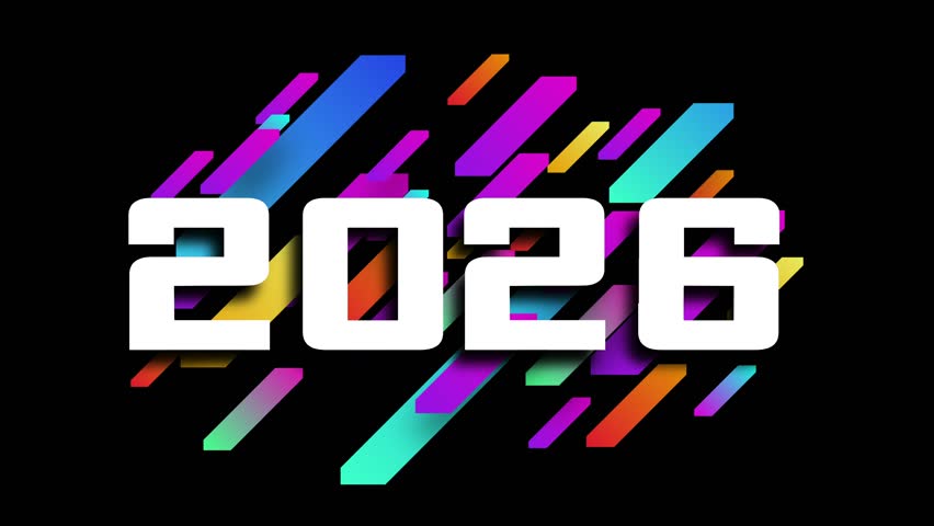 2026 Text Design. Loop Typography animation Design Element for New Year 2026 Social Media Post, Greeting Card, Banner, Poster, Retro Text Effect, flying flat style logo animation 2026 new year