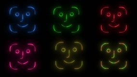 Set of glowing neon face recognition icons in multiple vibrant colors, animating on a dark background. Futuristic security and technology animation.
 - Powered by Shutterstock - Get 15% off with code: PIKWIZARD15