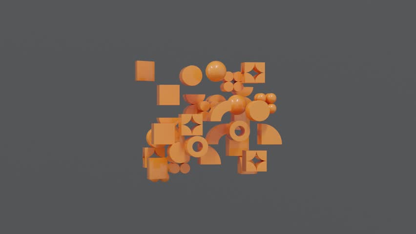 Orange 3d geometric shapes organized into cubic structure on dark gray surface inspired by Bauhaus illustrations generate surreal abstract background with futuristic conceptual minimal composition