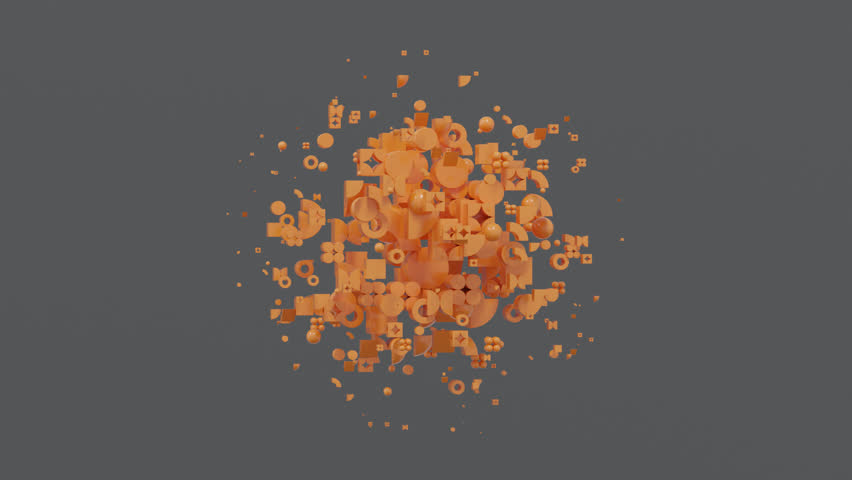 Orange 3d geometric forms arranged in abstract spherical cloud on dark gray surface inspired by Bauhaus illustrations form surreal abstract background with futuristic conceptual rhythm