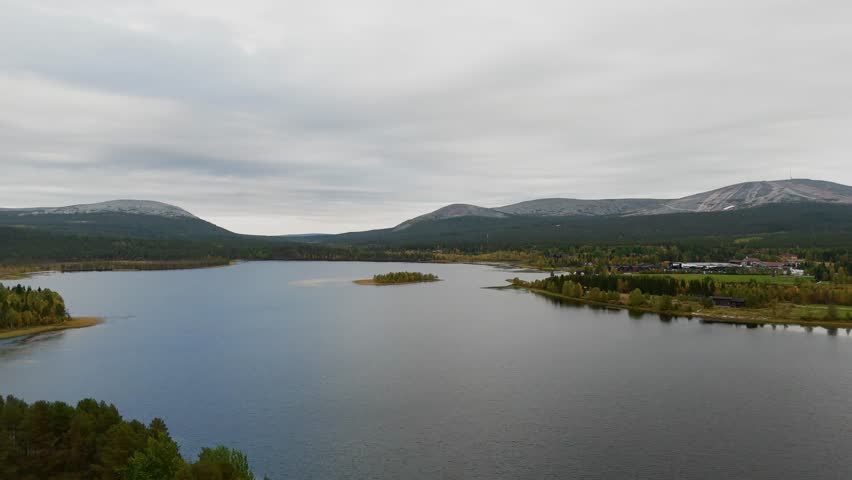 Autumn Aerial of Äkäslompolo Lake and Ylläs Fells, Lapland Finland