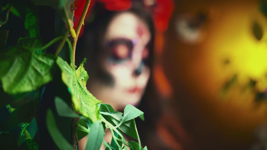 video real person gothic woman sugar skull make-up art paint face, black eyes looking at camera. red dress roses flowers crown on head. Girl Calavera, day of the dead. dark night autumn forest trees.