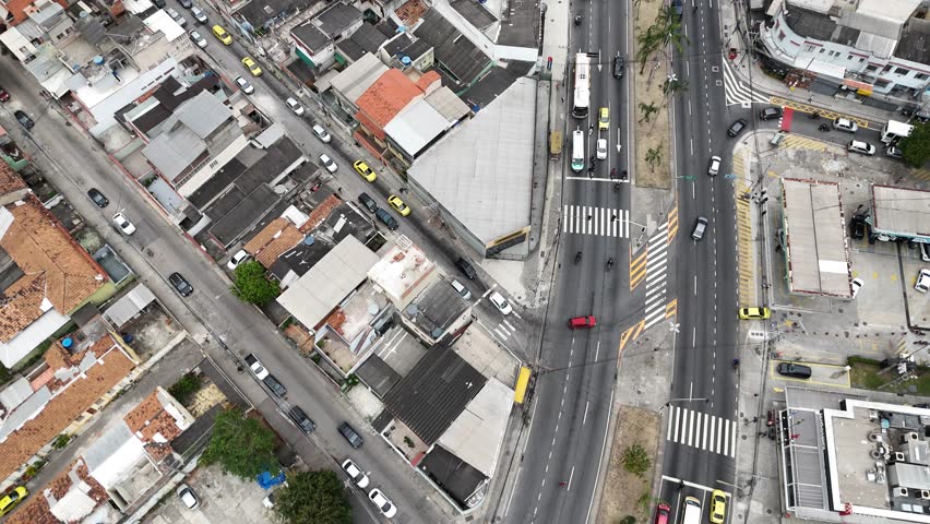 Aerial drone video of Engenho de Dentro neighborhood in Rio de Janeiro, showing houses, streets, and the daily life of a traditional urban community in Brazil
