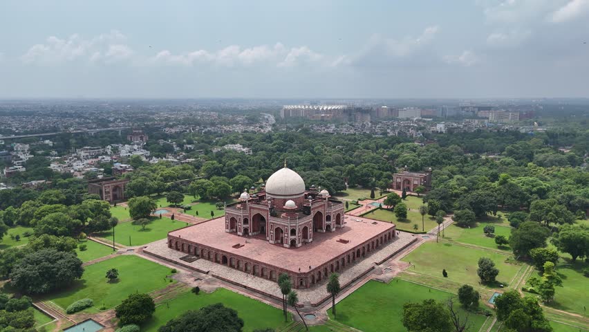 Aerial Shot of Humayun tomb in New Delhi, India