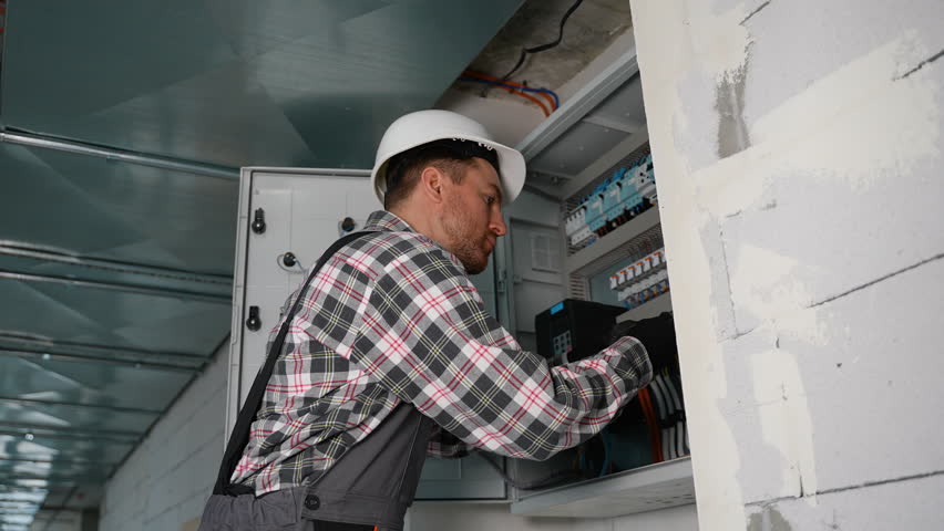 Electrician installing surge protector in electrical panel