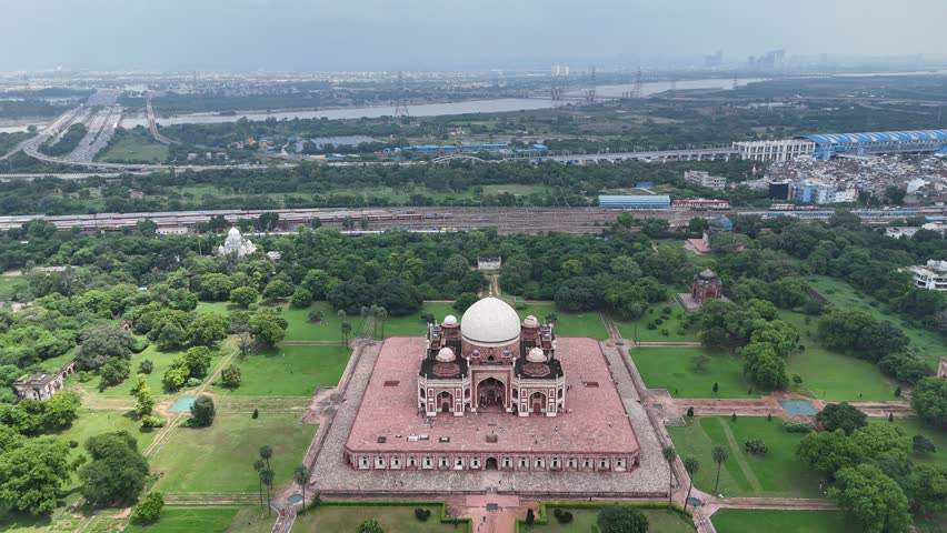 Aerial Shot of Humayun tomb in New Delhi, India