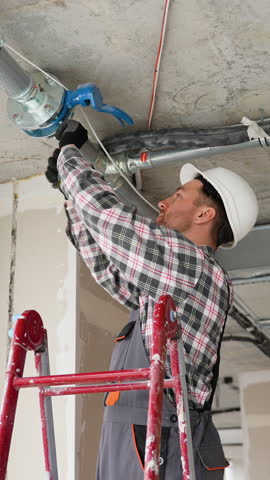 A plumber installs a fire safety system