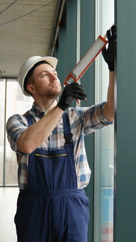 Construction worker applying sealant to window frame