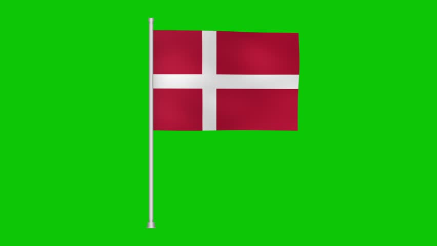 a looped animation of the danish national ensign waving on a pole. the backdrop is a bright green screen, perfect for chroma keying and adding to other projects. it's a symbol of denmark.