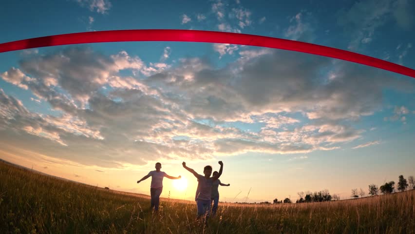 Kids, boy girl, running to red finish line, lawn, silhouette. Group of children run to finish line, victory success. Active children running. Sporty child - champion. Boy winner. Child run, lawn park