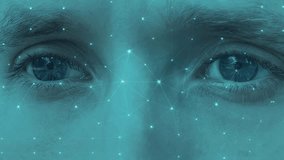 Male eyes looking on hologram modern futuristic innovation polygon three-dimensional astrology stars sky face scan. Includes AI-generated art; all motion and editing manually created by contributor - Powered by Shutterstock - Get 15% off with code: PIKWIZARD15