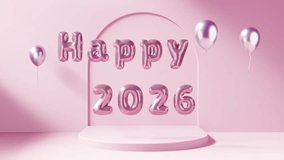 Seamless looping animation of 'Happy 2026' text made of pink foil balloons. Numbers and letters float in a minimalist pink studio with a stage arch. Perfect for New Year's greetings and celebrations. - Powered by Shutterstock - Get 15% off with code: PIKWIZARD15