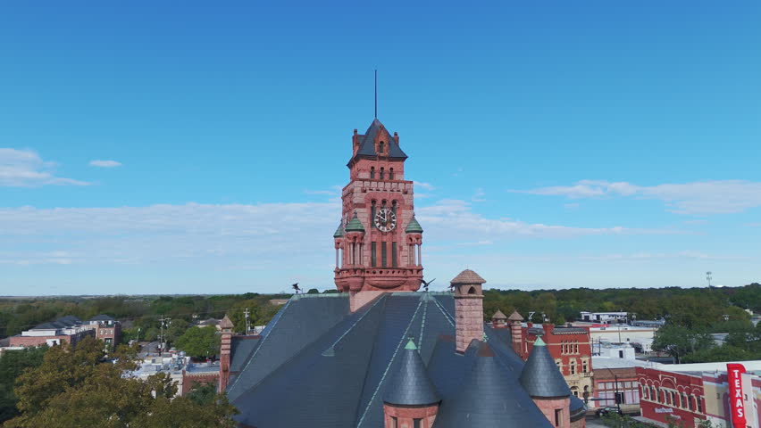 Aerial of Waxahachie Texas Courthouse and Clock Tower