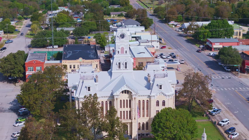 Aerial of Hillsboro Texas courthouse and town square. 