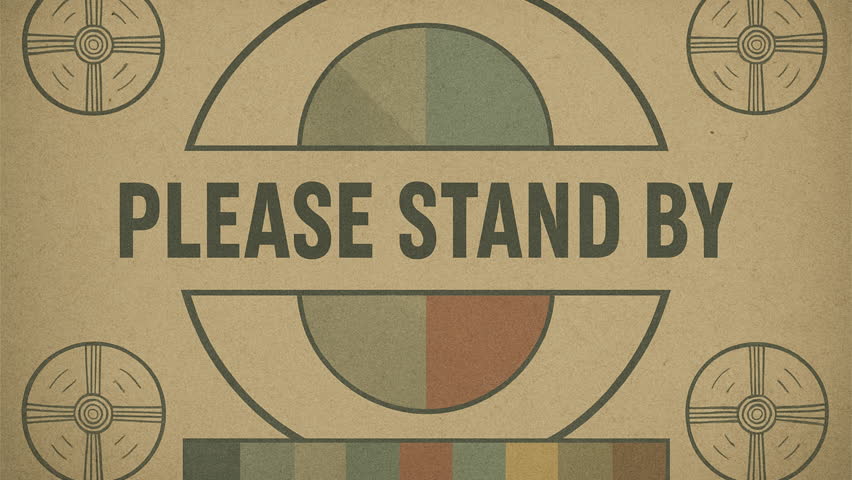 Please stand by text Distorted retro TV test pattern with the text "PLEASE STAND BY," showing vintage colors, glitch effects, and worn textures for an old broadcast style.