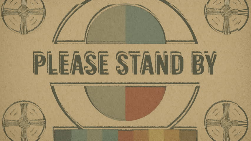 Please stand by text Vintage TV test screen with text "PLEASE STAND BY," featuring faded green tones, calibration patterns, and distressed glitch effects for a nostalgic broadcast look.