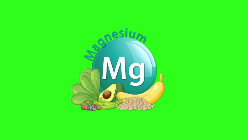 A magnesium element icon animates in with healthy foods like avocado, spinach, and banana, set against a bright green background with smooth transitions
