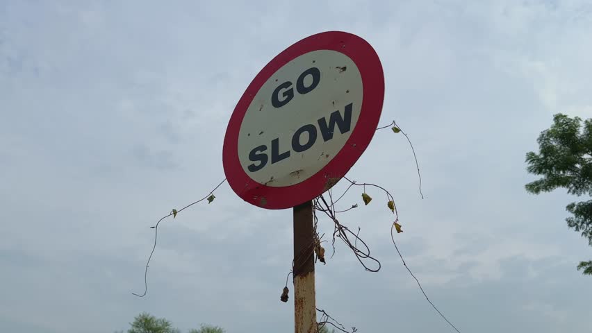 A circular “Go Slow” traffic sign partially covered with creeping vines, symbolizing road safety, nature reclaiming, and the passage of time.