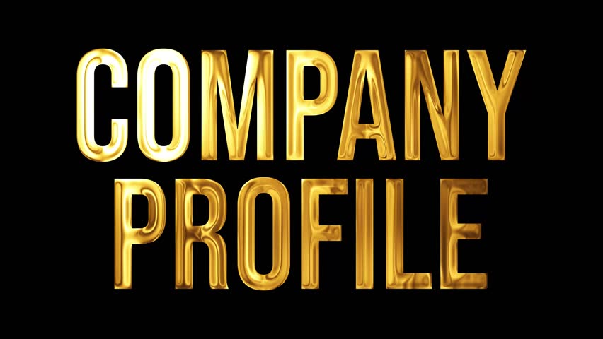 Company Profile text in a 3D golden metallic style. Animated typography with a shiny, luxurious finish isolated on a black background for a business presentation intro