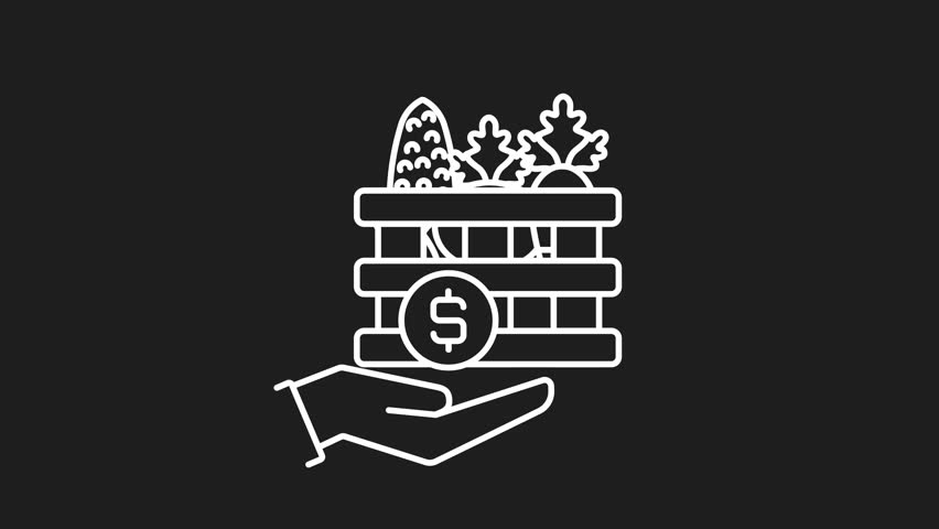 Vegetable box and coin white line animation. Affordable food animation shows a hand holding a crate of vegetables and money realistically.