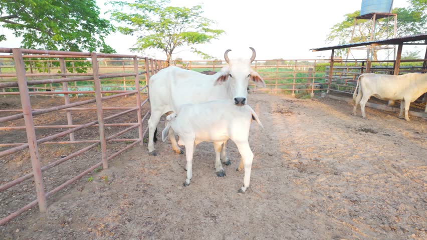 tender moment of maternal care as a Brahman cow nurses her calf at sunset