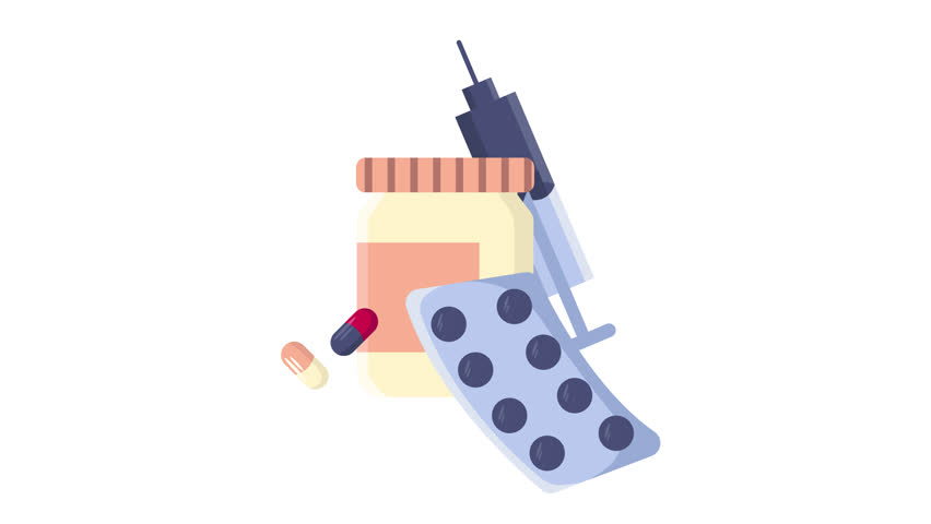 Animated Medical Supplies Icon – Pills, Syringe and Blister Pack – Transparent Loop