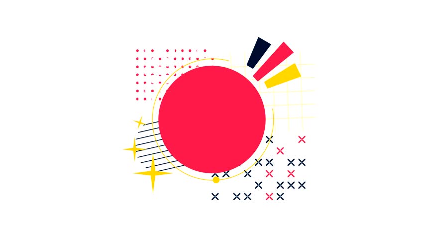 Seamless loop animation in a trendy Memphis design. This retro 80s-90s abstract background features moving geometric shapes with a central circle perfect for your text or logo. Isolated on white