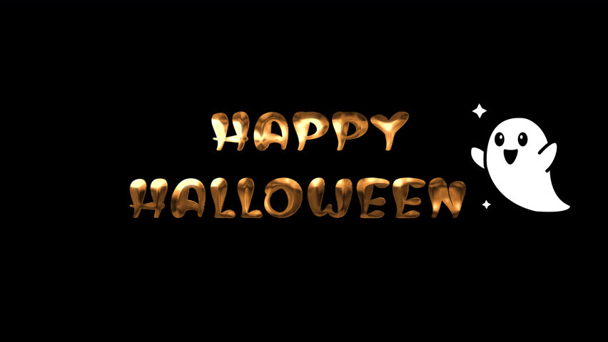 Happy halloween text design with gold text, cartoon ghost, alpha channel. Perfect for festive party invitations, seasonal social media posts, and spooky event flyers.