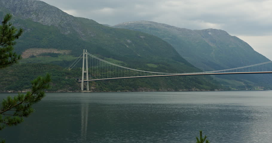 Norway Fjord Suspension Bridge, Scenic Mountain Landscape over Calm Water