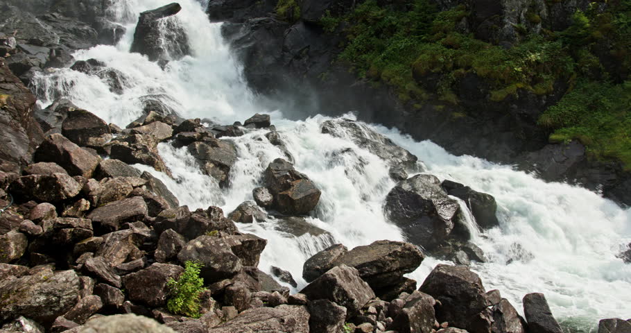 Norway Mountain Waterfall Cascade in Lush Forest - Powerful Rapids and Mist
