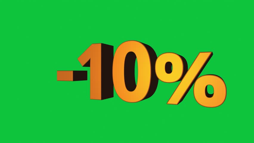 Animated 3D minus 10 percent sign rotating on green background in seamless loop