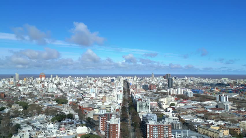 Aerial View of Avenida General Lavalleja Towards Plaza Independencia and Palacio Salvo in Montevideo, Uruguay