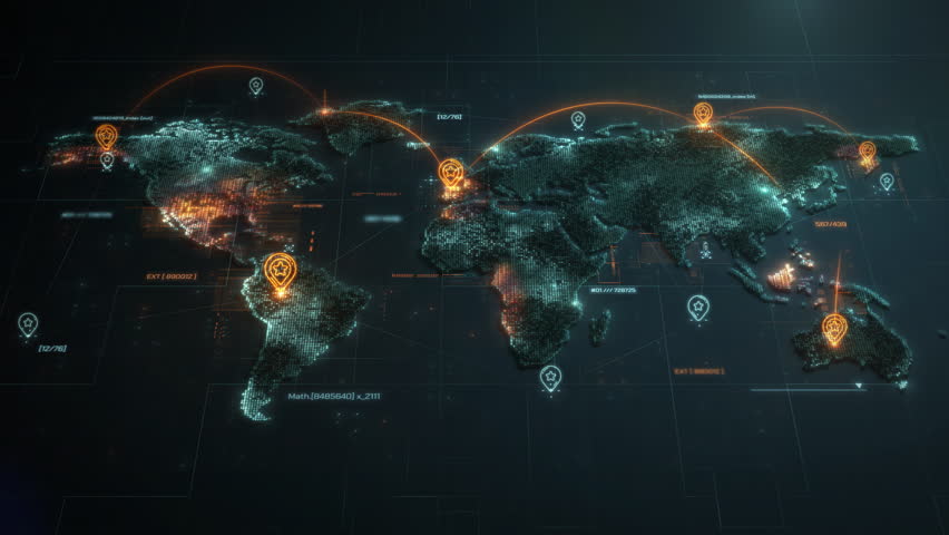 Orange lines are connecting different locations on a digital world map, symbolizing global connectivity and data exchange