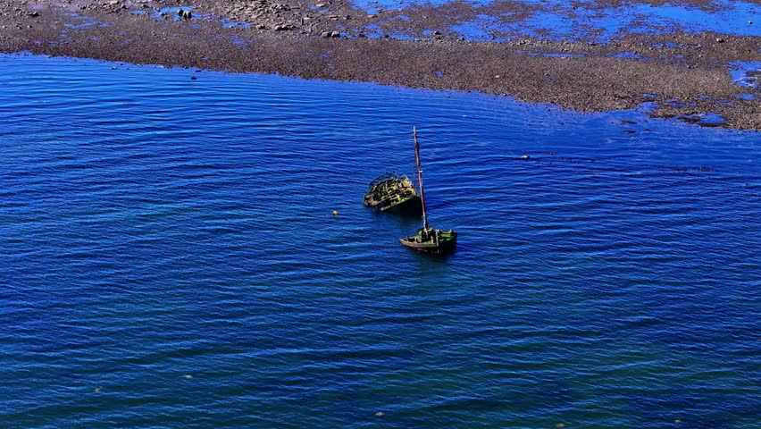 Corroded Nautical Landmark, Forgotten Ruin, Aerial Orbital Sunset View