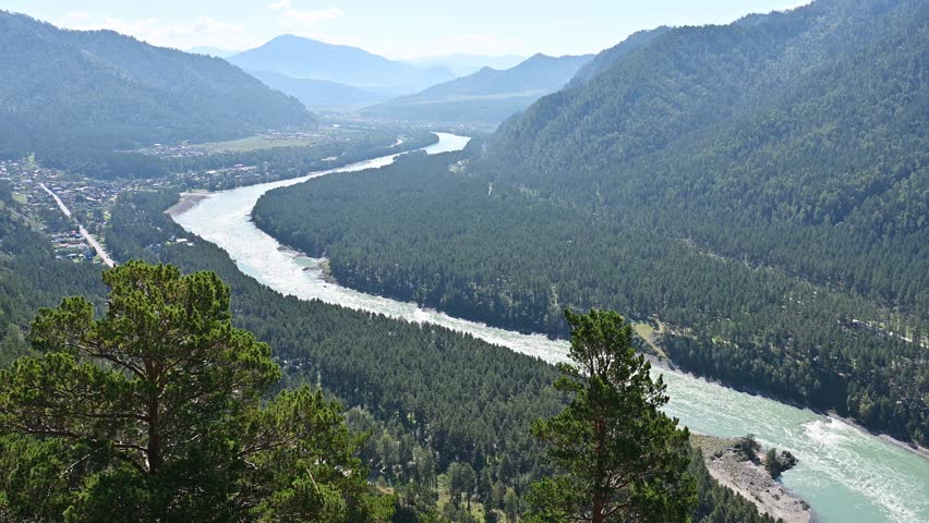 Panorama of the Katun River flowing among the mountains in the early morning. Altai Republic, Russia
