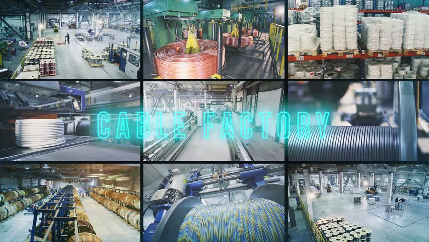 Manufacturing process of cables and wires. Cable manufacture. Multiscreen cable factory. Factory cables text on factory frame background. 