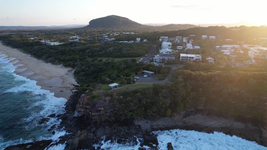 Point Arkwright And Yaroomba Beach At Sunset, Queensland, Australia - Drone Shot