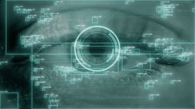 Blue digital eye with biometric data. Future innovation face identification hi-tech technology. Total surveillance and retina ID concept - Powered by Shutterstock - Get 15% off with code: PIKWIZARD15