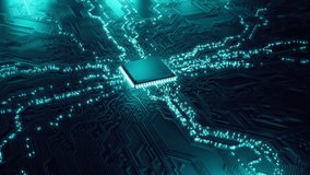 Animated current flow on circuit board. Digital technology data transfer background. Computer processor CPU concept. Digital chip on motherboard. 3D microchip abstract backdrop. AI machine learning - Powered by Shutterstock - Get 15% off with code: PIKWIZARD15