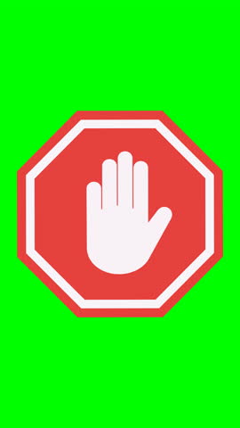 Animation of a red octagonal stop sign appearing from the back with a symbol of a hand making an open palm stop gesture in flat style on a green screen (vertical)