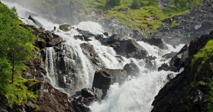 Latefossen Waterfall Rapids Among Rocks, Norway