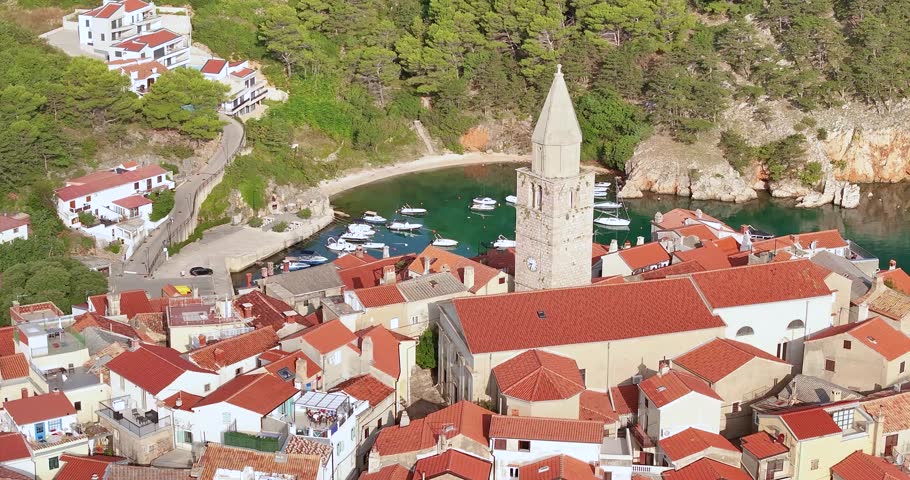 Aerial view of Vrbnik on Krk island at sunrise